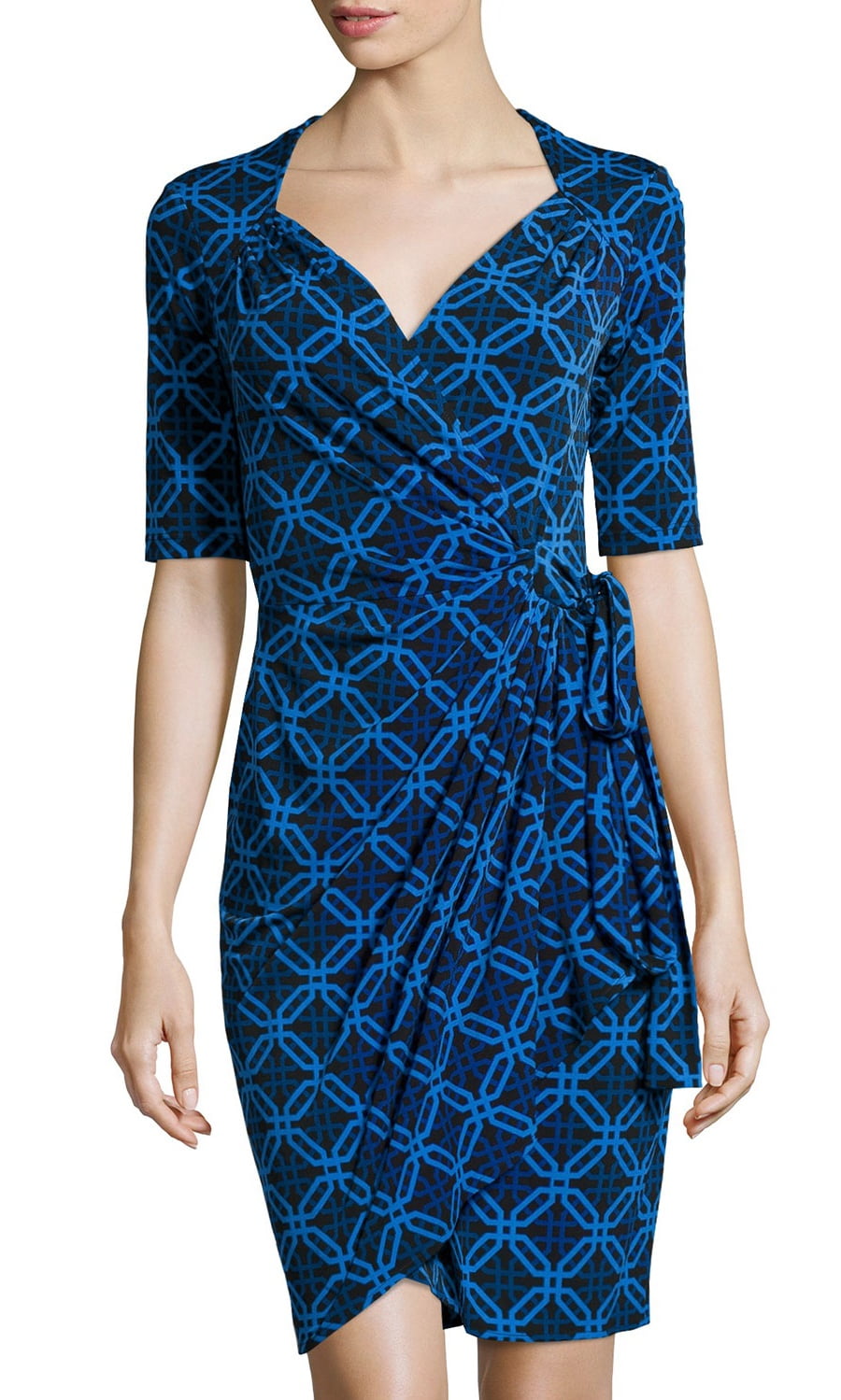 Maggy London Blue Geometric Print Half Sleeve Wrap Dress 10 Sweetheart  Neckline - Walmart.com